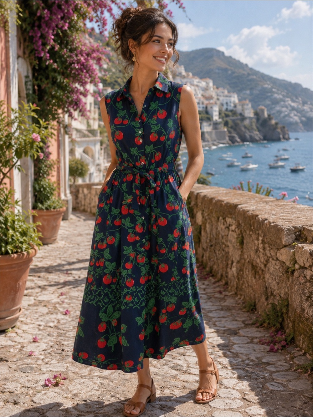 Spighe Di Lino Italy Tomato Print Linen Blend Maxi Shirt Dress L NWT Euro Summer